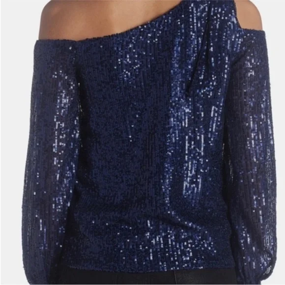 CeCe glamorous bows Navy Sequin Off-Shoulder cold Blouse sequence bling NWT Sz M - Picture 8 of 15